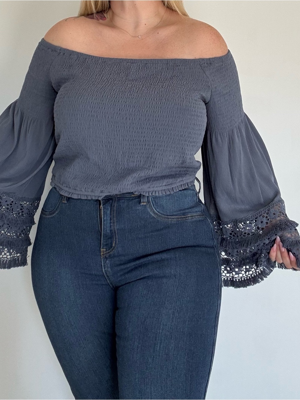 FESTI, TORRID Off-Shoulder Smocked Top with Lace Bell Sleeves